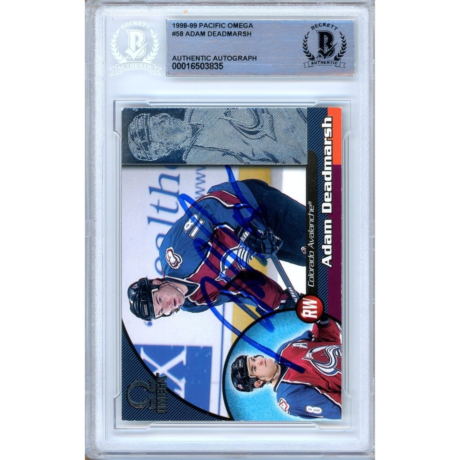 Hockey - Autographed- Adam Deadmarsh Signed 1998-99 Pacific Omega Hockey Card Beckett Authenticated Auto Slab