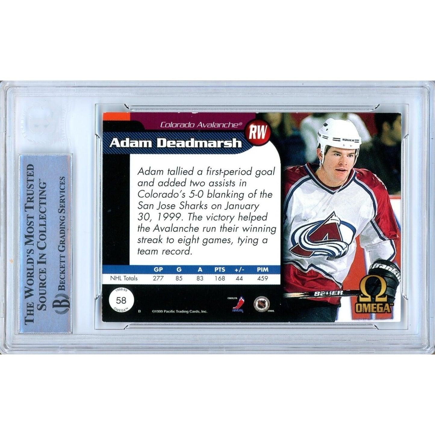 Hockey - Autographed- Adam Deadmarsh Signed 1998-99 Pacific Omega Hockey Card Beckett Authentic Auto Slab - Back of Card