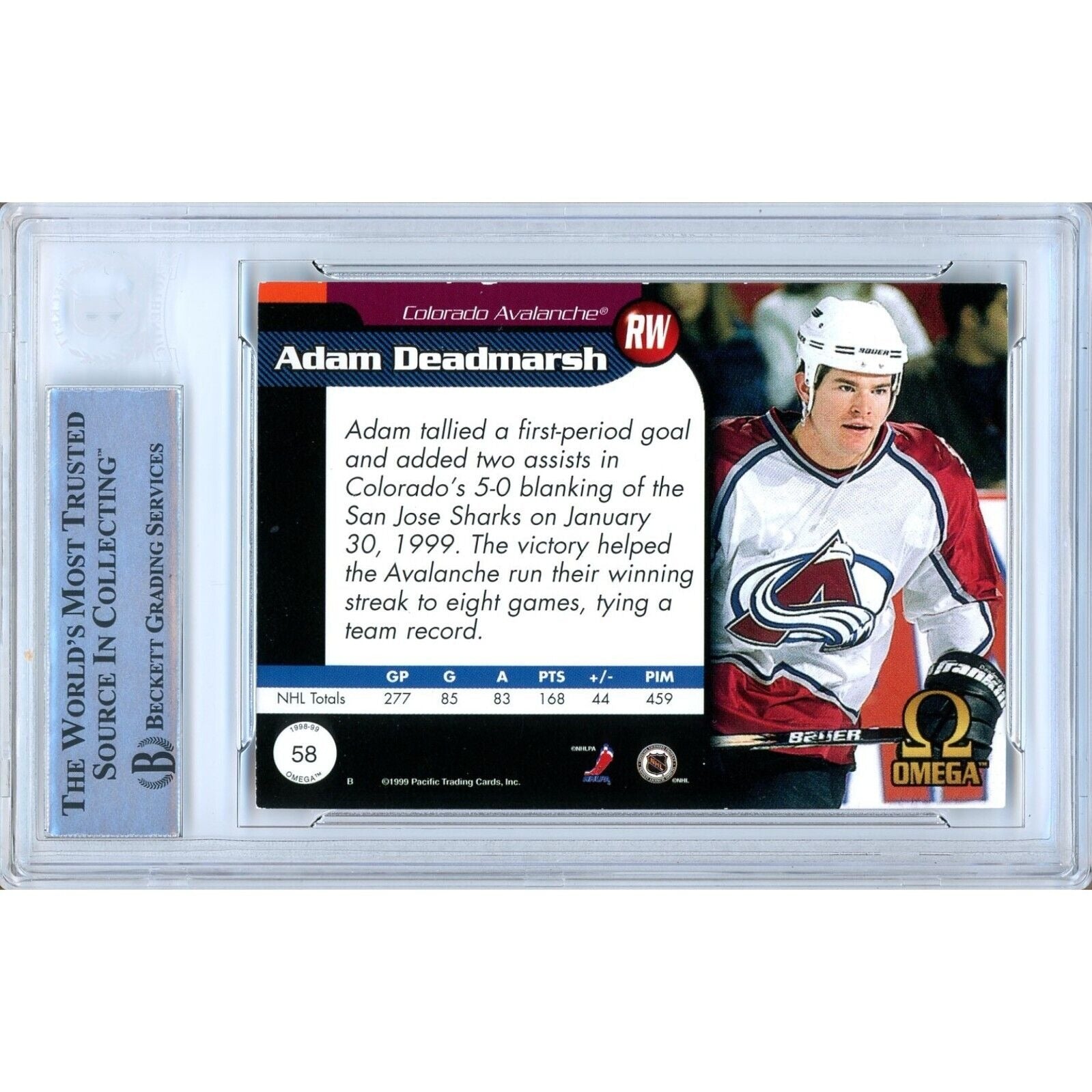 Hockey - Autographed- Adam Deadmarsh Signed 1998-99 Pacific Omega Hockey Card Beckett Authentic Auto Slab - Back of Card