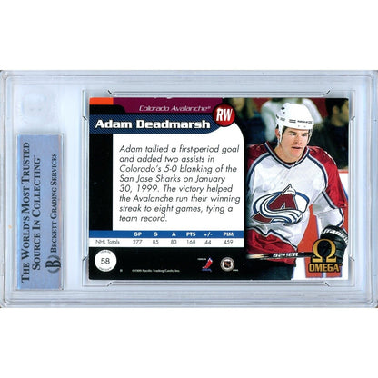 Hockey - Autographed- Adam Deadmarsh Signed 1998-99 Pacific Omega Hockey Card Beckett Authentic Auto Slab - Back of Card