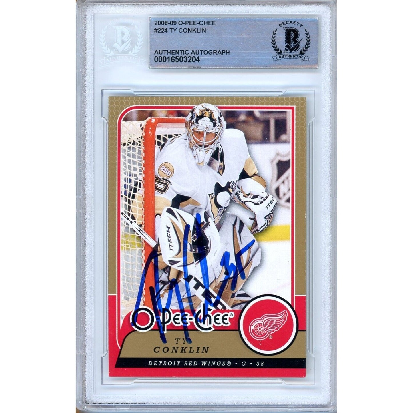 Hockey- Autographed- Ty Conklin Detroit Red Wings Signed 2008-09 O-Pee-Chee Trading Card Pittsburgh Penguins Beckett Authentic Auto Slab Front