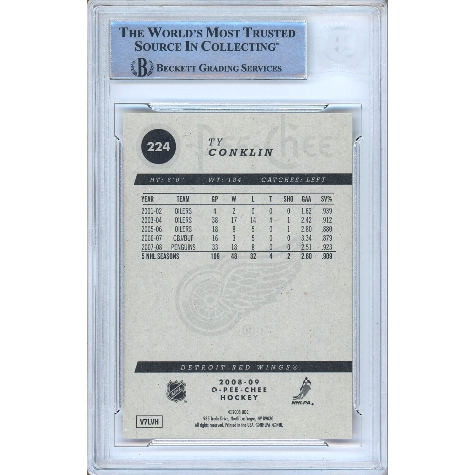 Ty Conklin Detroit Red Wings signed trading card – signature close-up – Beckett COA