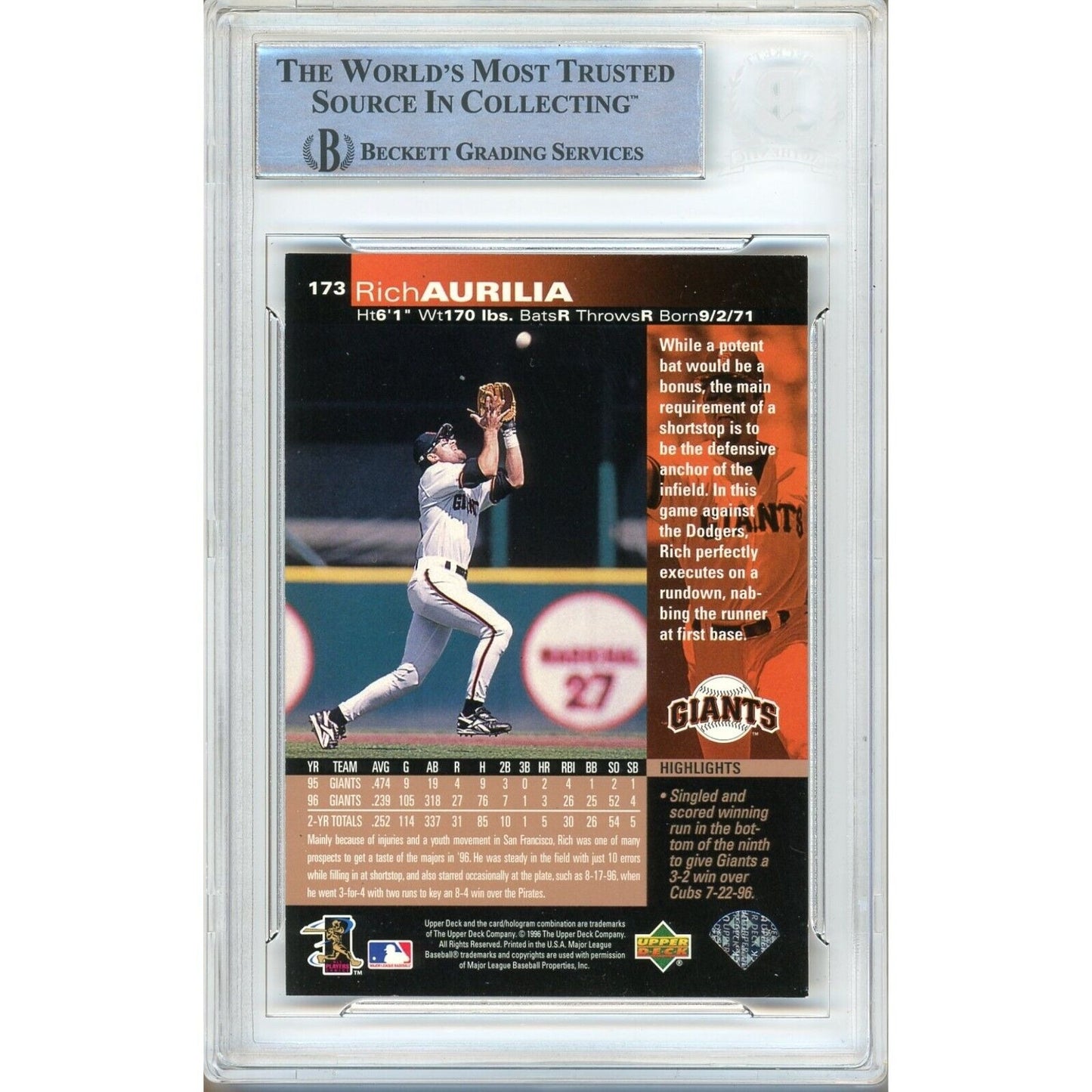 Baseballs- Autographed- Rich Aurilia San Francisco Giants Signed 1997 Upper Deck Trading Card Beckett Authentic Auto Slab Back