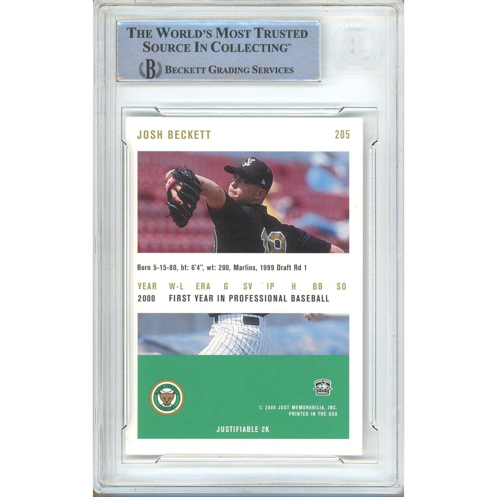 Baseballs- Autographed- Josh Beckett Boston Red Sox Signed 2000 Just Minors Baseball Card Beckett Authentic Auto Slab Back