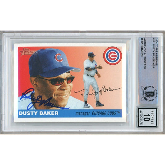 Baseballs- Autographed- Dusty Baker Chicago Cubs Signed 2004 Topps Heritage Baseball Card Beckett Authentic BGS Auto-10 Graded Slab Front