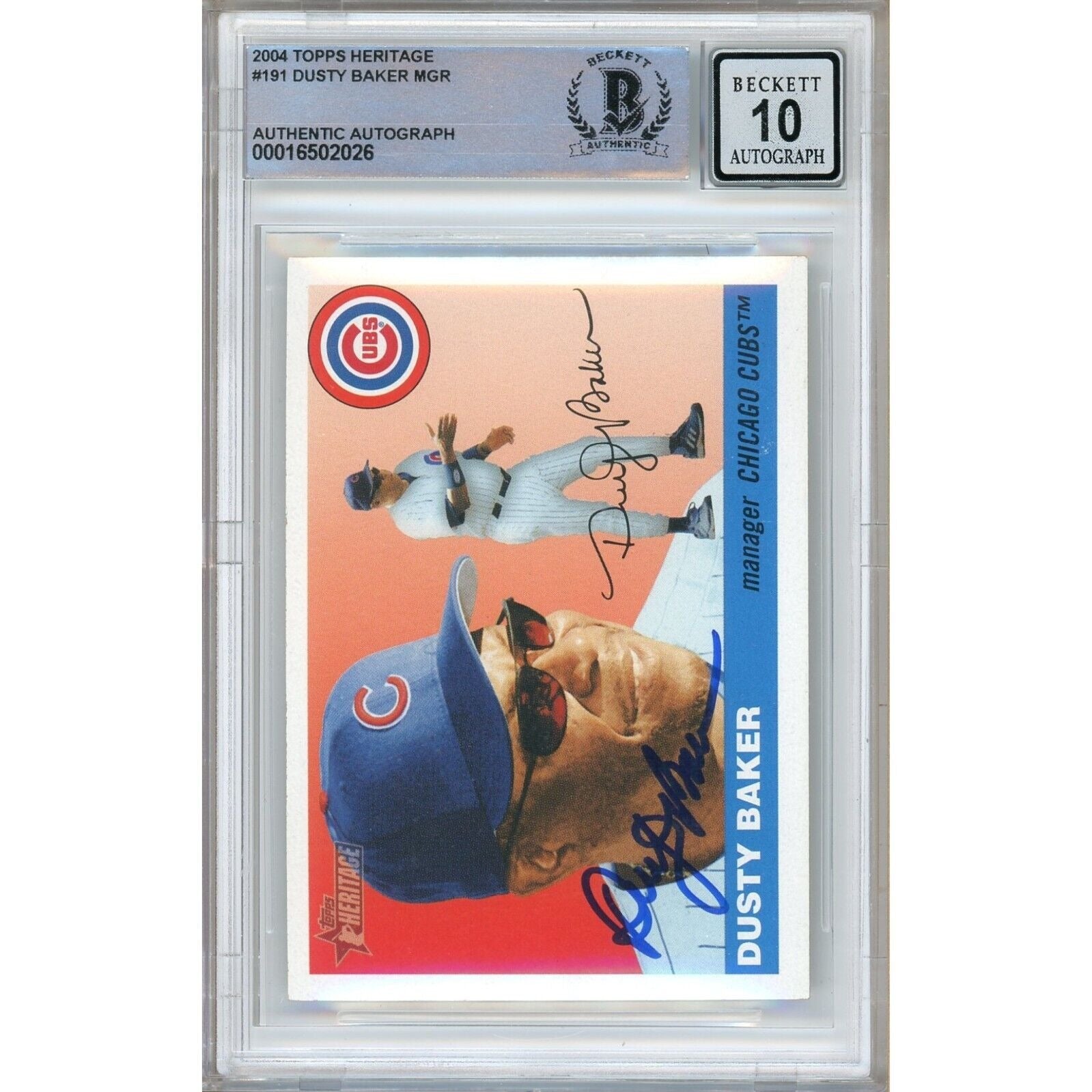 Dusty Baker Chicago Cubs signed trading card – signature close-up – Beckett COA