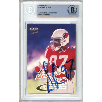 Footballs- Autographed- Simeon Rice Arizona Cardinals Signed 1999 Fleer Ultra Trading Card Beckett Authentic Auto Slab Front