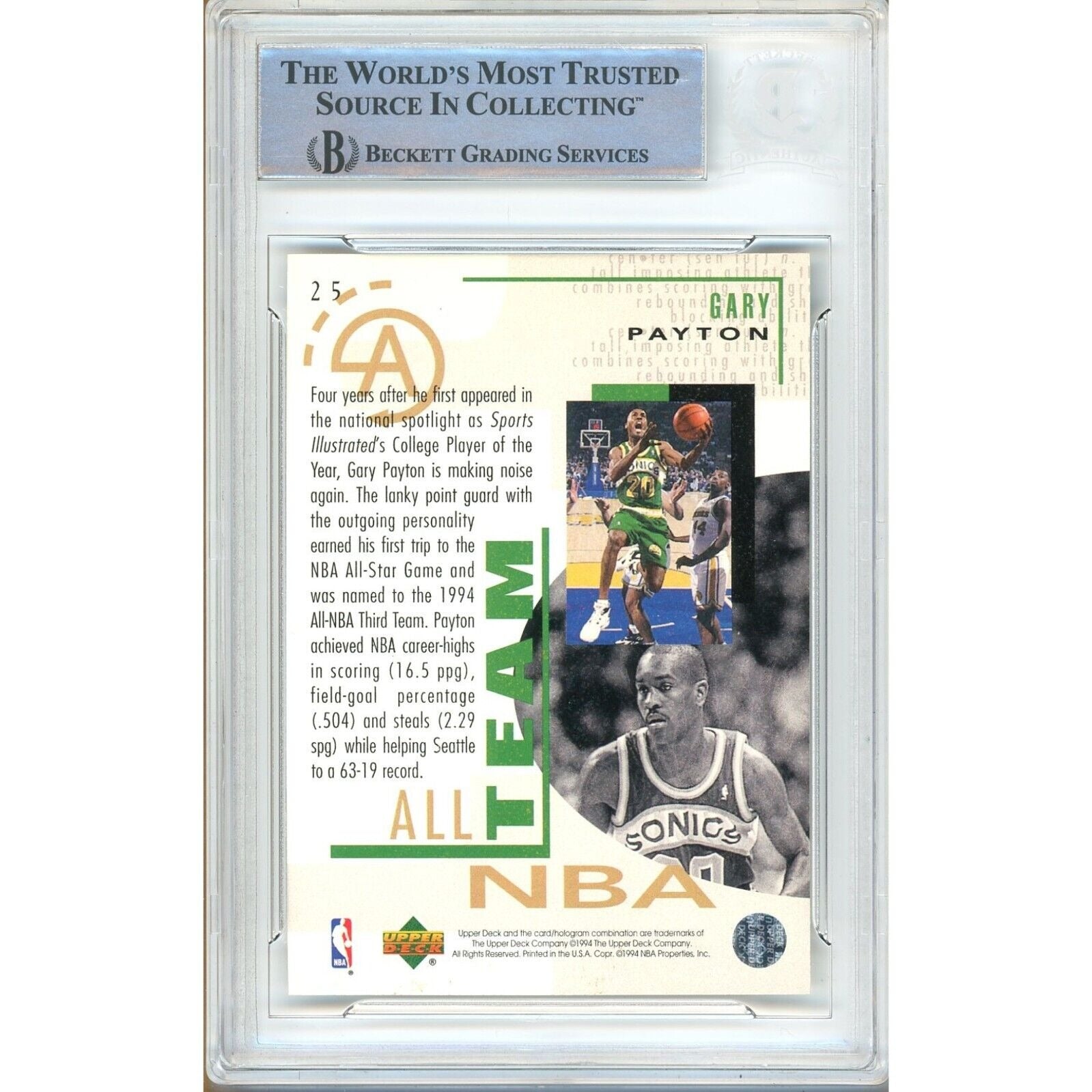 Basketballs- Autographed- Gary Payton Seattle SuperSonics Signed 1994-95 Upper Deck All NBA Team Basketball Card Beckett Authentic Auto Slab Back