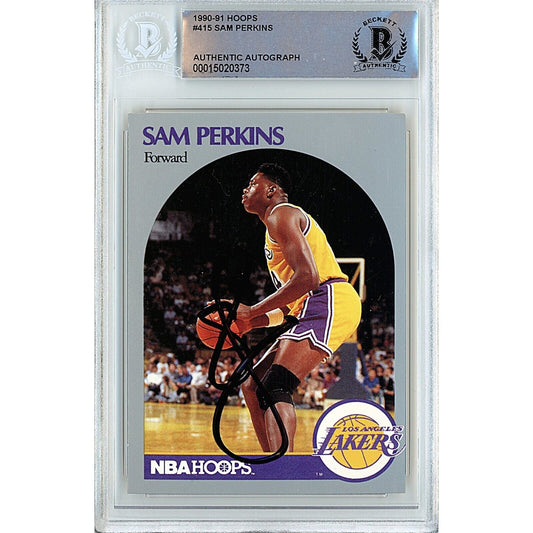 Basketball- Autographed- Sam Perkins Los Angeles Lakers Signed 1990-91 NBA Hoops Trading Card Beckett Authentic Auto Slab Front