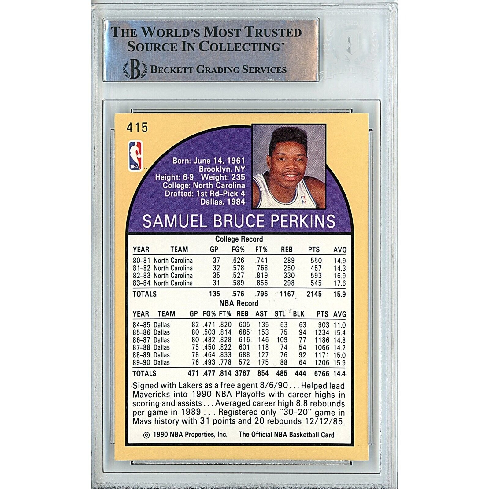 Sam Perkins Los Angeles Lakers signed trading card – signature close-up – Beckett COA
