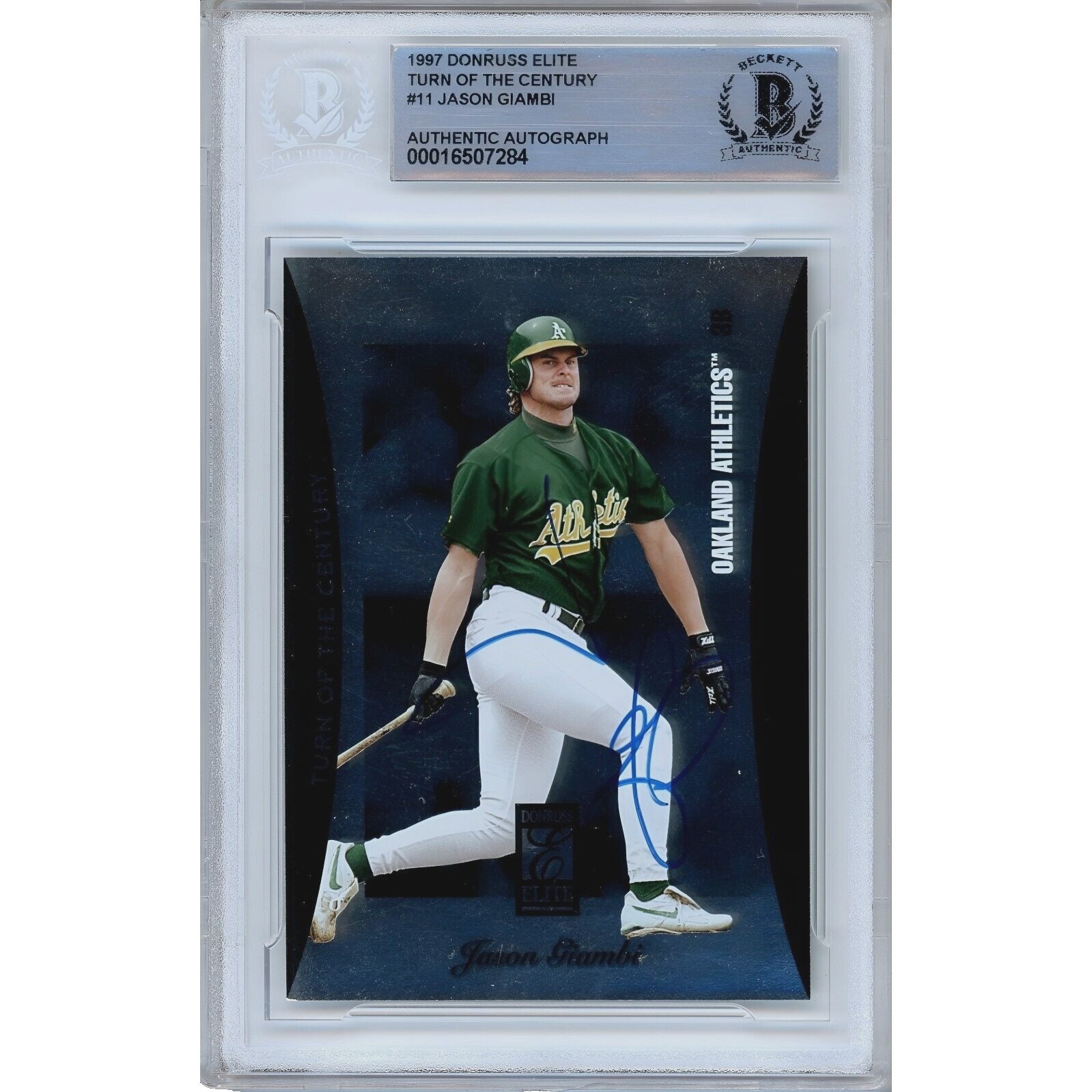 Baseballs- Autographed- Jason Giambi Oakland Athletics Signed 1997 Donruss Elite Turn of the Century Baseball Card Beckett Authentic Auto Slab Front