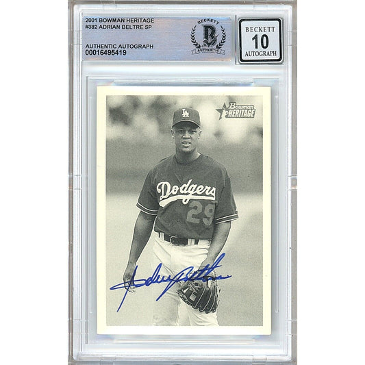 Baseballs- Autographed- Adrian Beltre Los Angeles Dodgers Signed 2001 Bowman Heritage Trading Card Beckett Authentic BGS Auto-10 Graded Slab Front