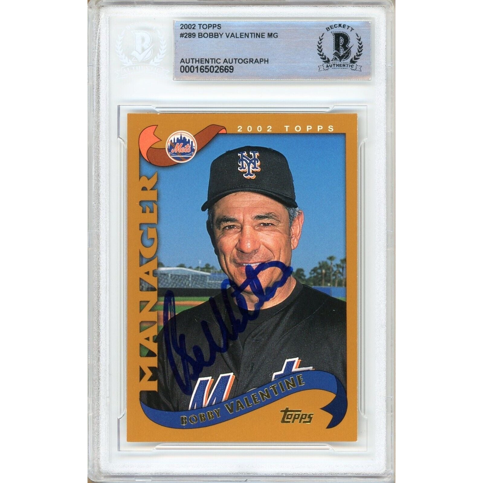 Baseballs- Autographed- Bobby Valentine New York Mets Signed 2002 Topps Baseball Card Beckett Authentic Auto Slab Front