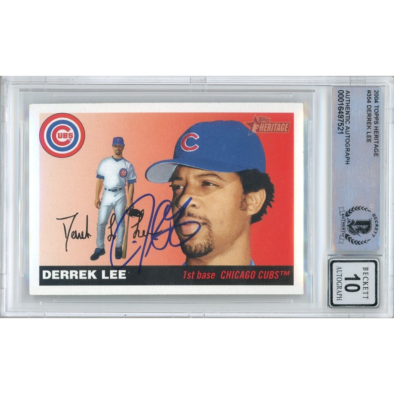 Baseballs- Autographed- Derrek Lee Chicago Cubs Signed 2004 Topps Heritage Baseball Card Beckett Authentic BGS Auto-10 Graded Slab Front