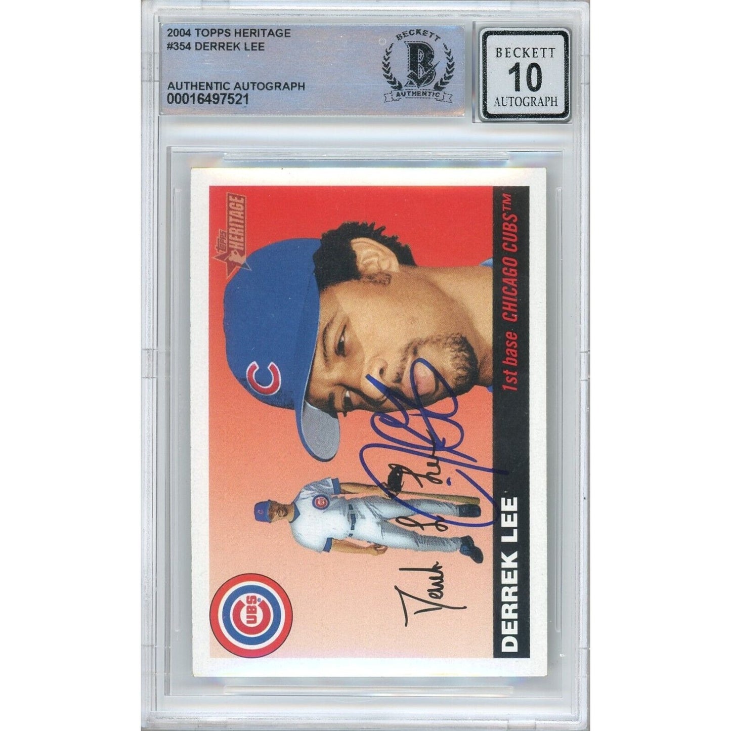 Baseballs- Autographed- Derrek Lee Chicago Cubs Signed 2004 Topps Heritage Baseball Card Beckett Authenticated BGS Auto-10 Graded Slab Front