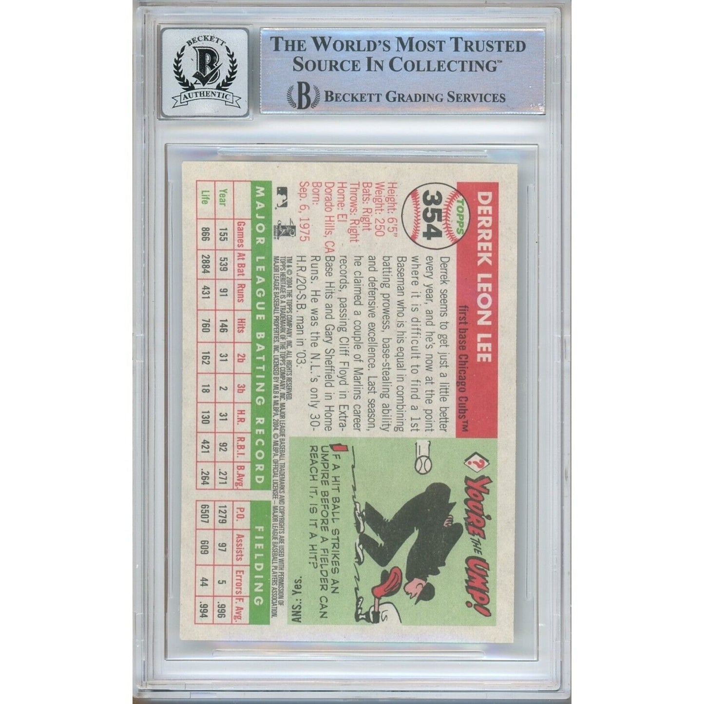 Baseballs- Autographed- Derrek Lee Chicago Cubs Signed 2004 Topps Heritage Baseball Card Beckett Authenticated BGS Auto-10 Graded Slab Back