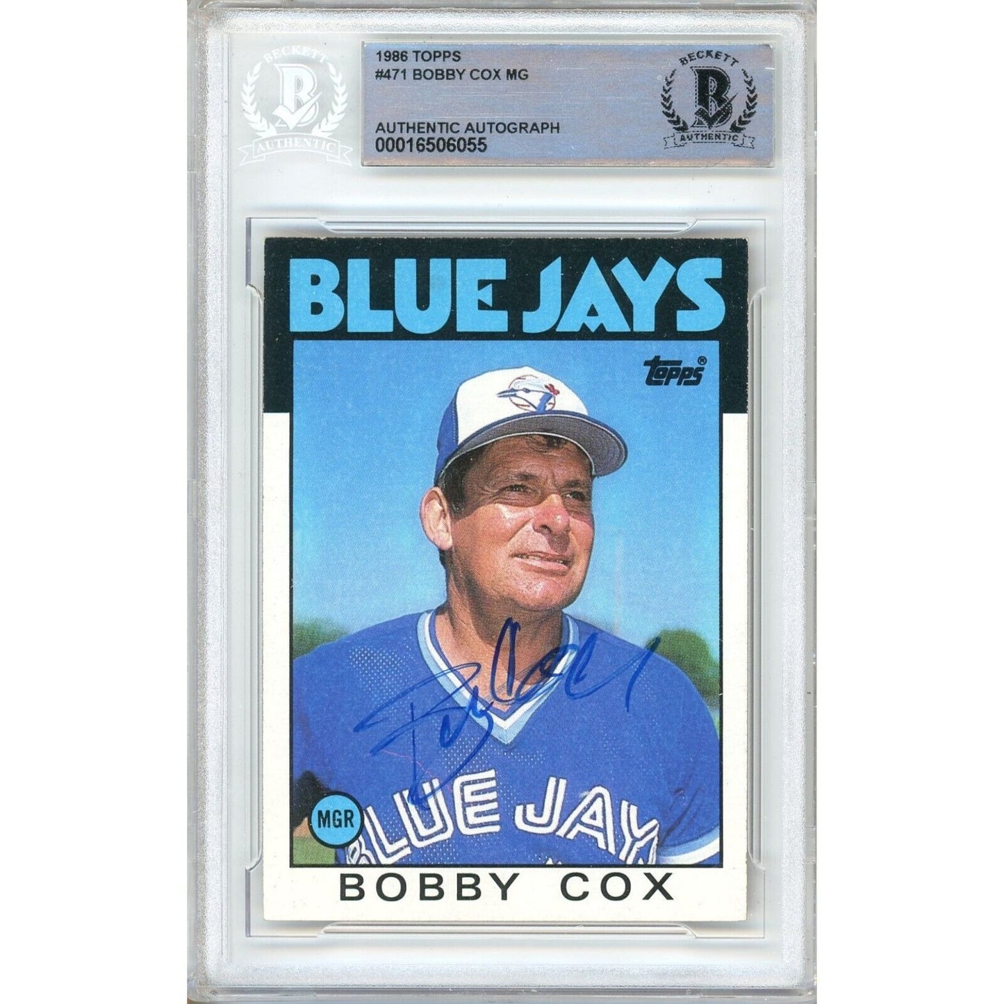 Baseballs- Autographed- Bobby Cox Toronto Blue Jays Signed 1986 Topps Baseball Card Beckett Authentic Auto Slab Front