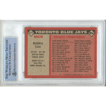 Baseballs- Autographed- Bobby Cox Toronto Blue Jays Signed 1986 Topps Baseball Card Beckett Authentic Auto Slab Back