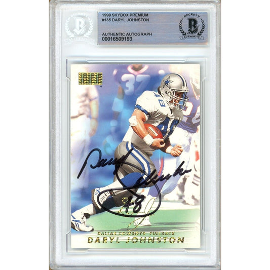 Footballs- Autographed- Daryl Moose Johnston Dallas Cowboys Signed 1998 Skybox Premium Football Card Beckett Authentic Auto Slab Front