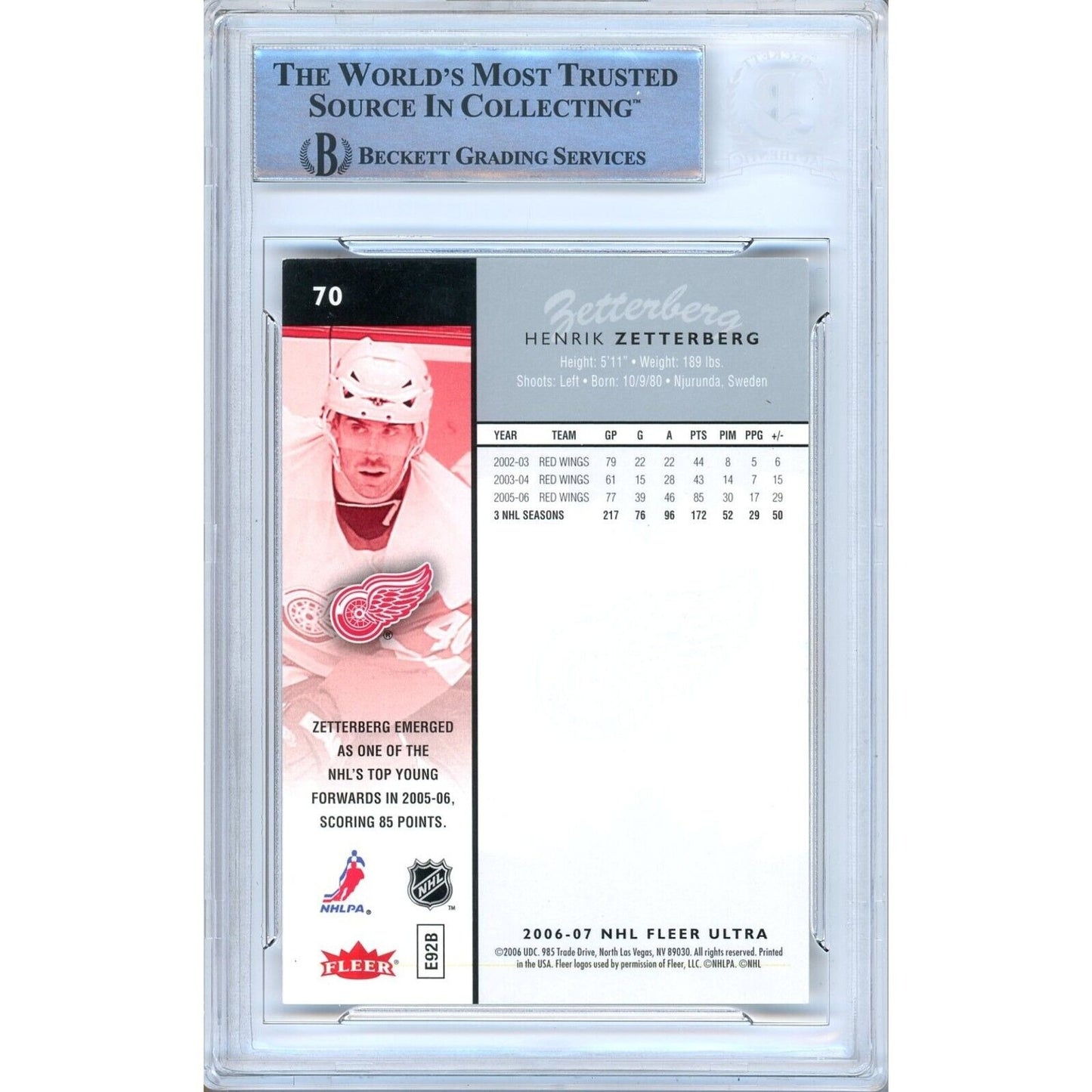 Hockey- Autographed- Henrik Zetterberg Detroit Red Wings Signed 2006-07 Fleer Ultra Hockey Card Beckett Authentic Auto Slab Back