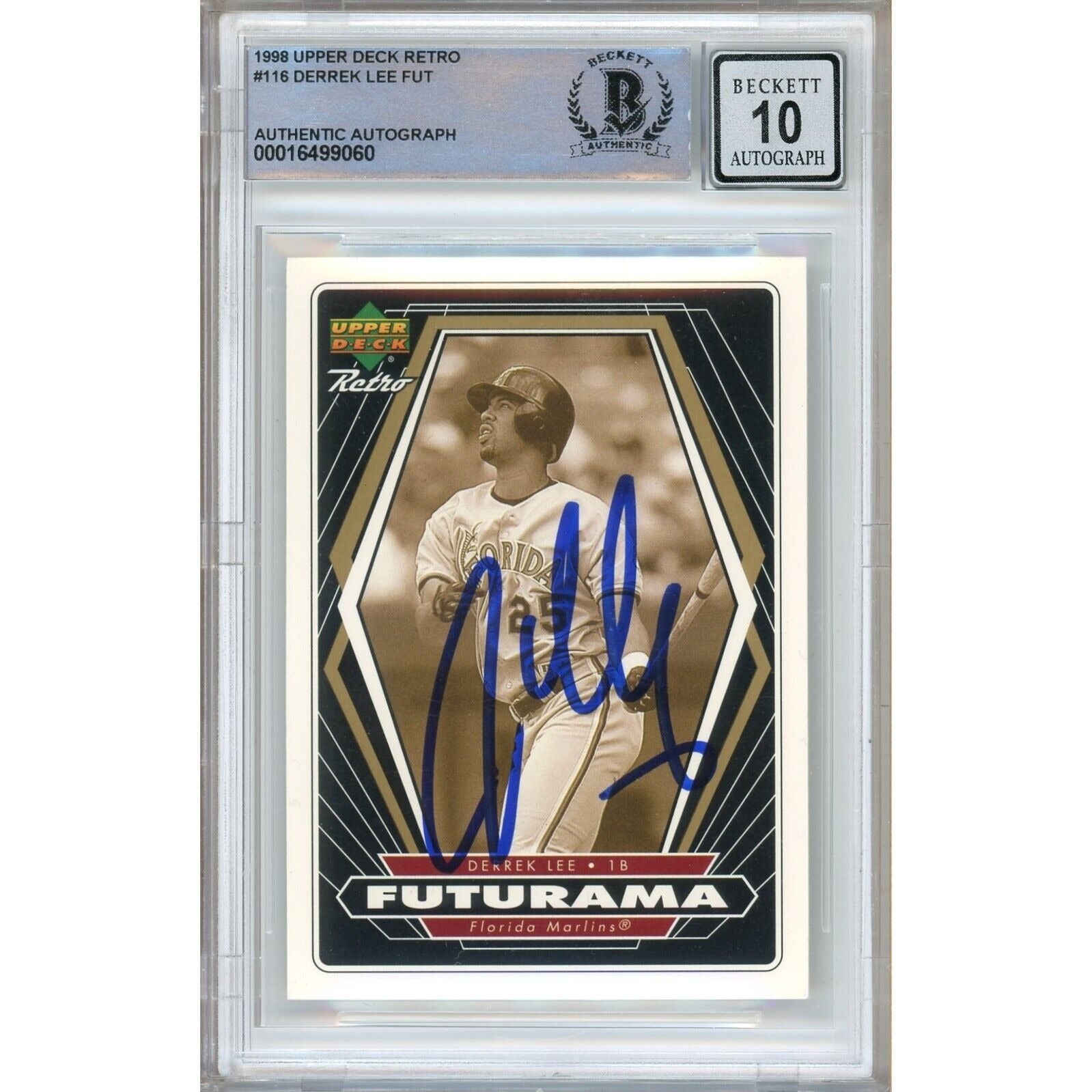 Baseballs- Autographed- Derrek Lee Miami Marlins Signed 1998 Upper Deck Retro Futurama Baseball Card Beckett Authentic BGS Auto-10 Graded Slab Front