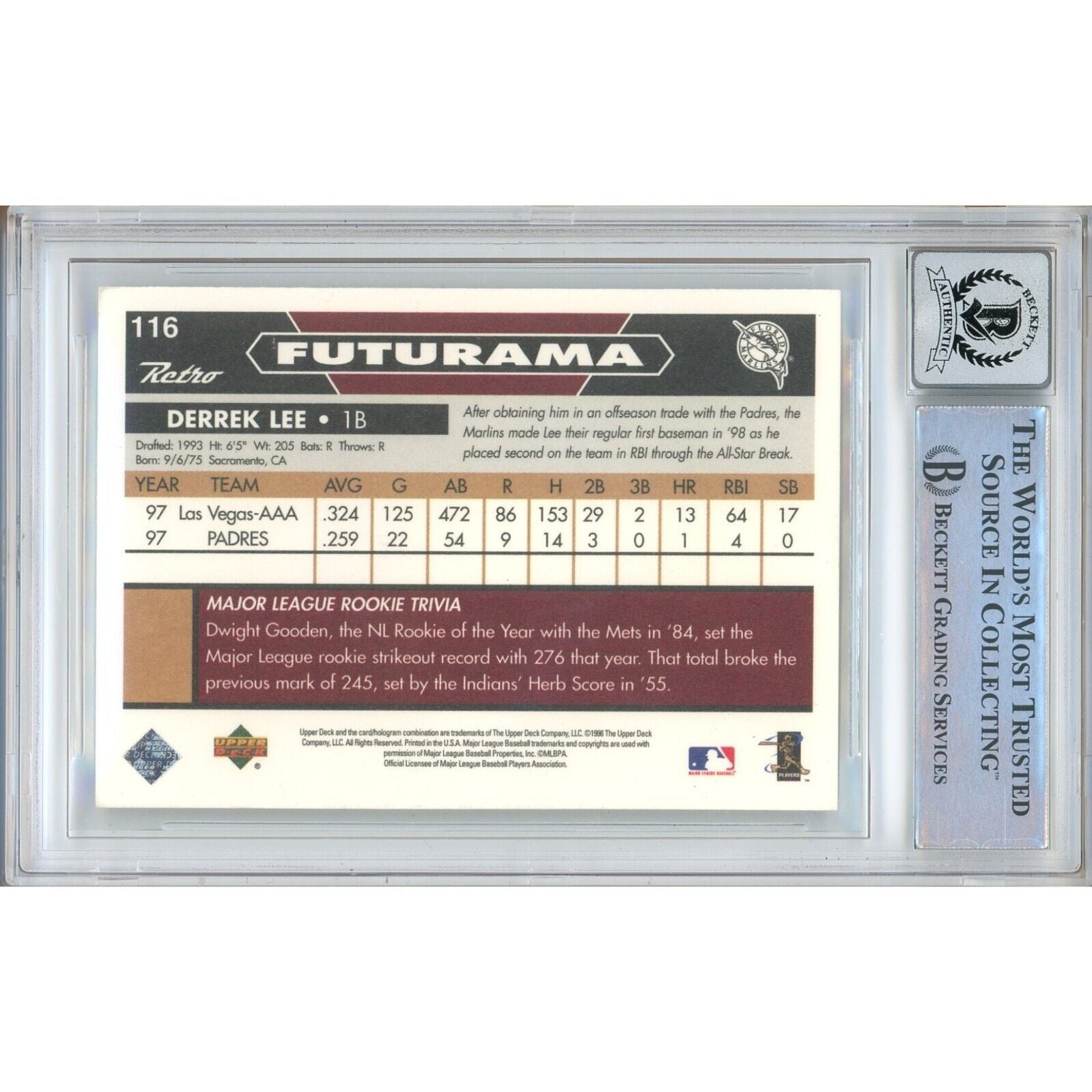 Derrek Lee Miami Marlins signed trading card – signature close-up – Beckett COA