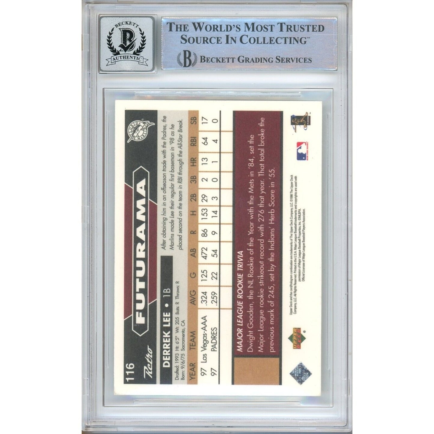 Baseballs- Autographed- Derrek Lee Miami Marlins Signed 1998 Upper Deck Retro Futurama Baseball Card Beckett Authenticated BGS Auto-10 Graded Slab Back