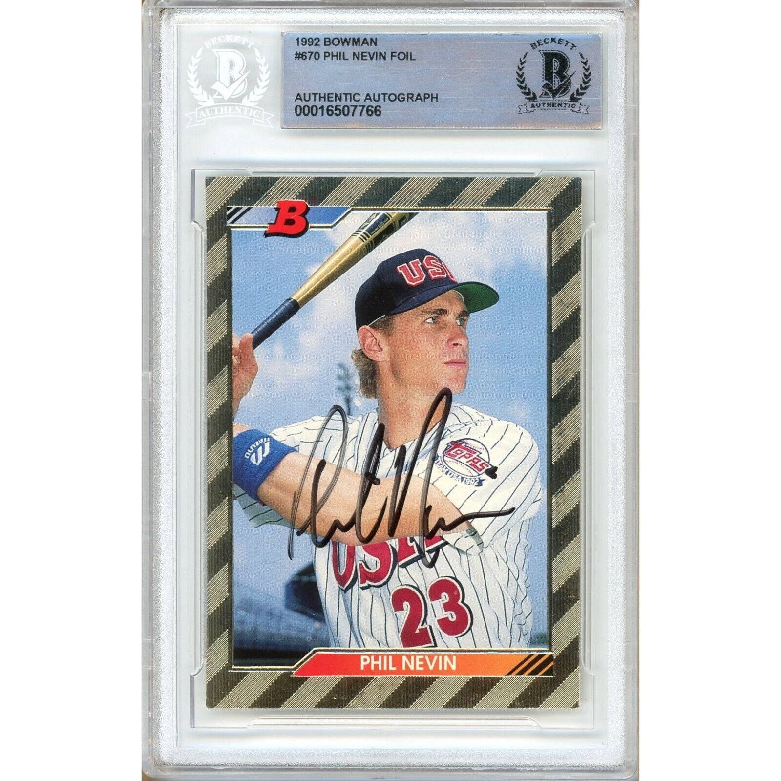 Baseballs- Autographed- Phil Nevin Team USA Signed 1992 Bowman Golf Foil Rookie Baseball Card Beckett Authentic Auto Slab Front