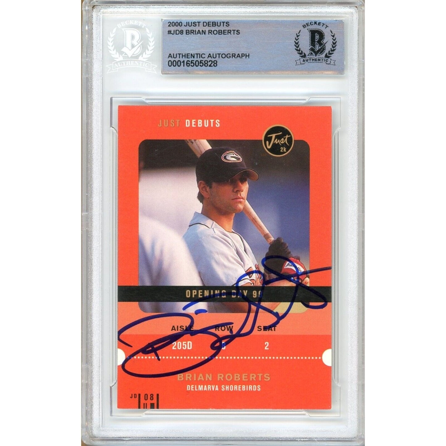 Baseballs- Autographed- Brian Roberts Baltimore Orioles Signed 2000 Just Debuts Baseball Card Beckett Authentic Auto Slab Front