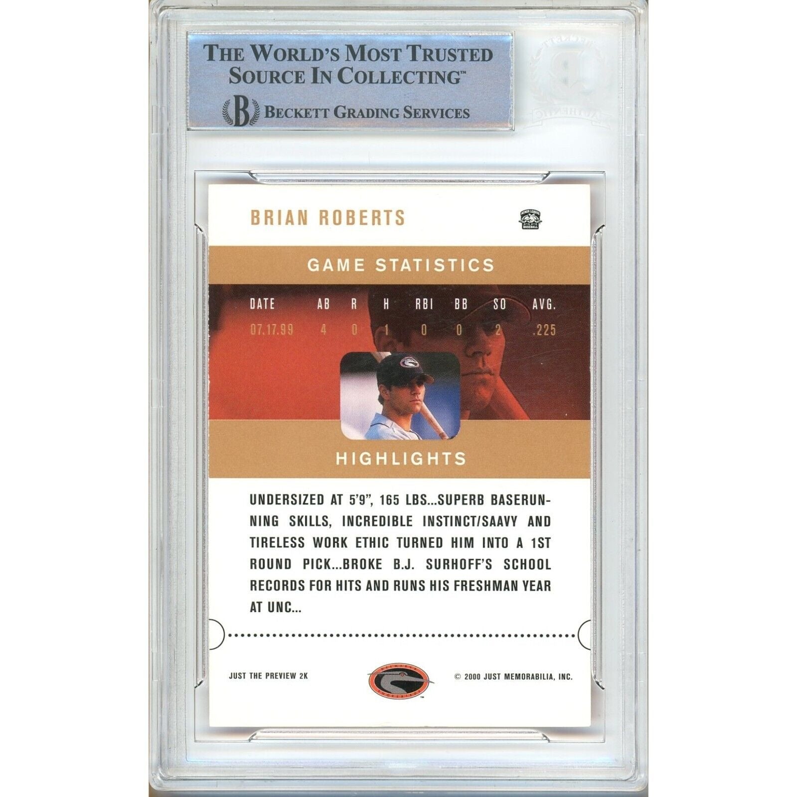 Baseballs- Autographed- Brian Roberts Baltimore Orioles Signed 2000 Just Debuts Baseball Card Beckett Authentic Auto Slab Back