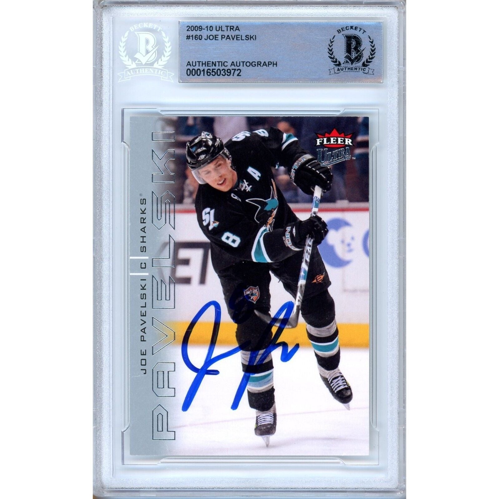 Hockey- Autographed- Joe Pavelski San Jose Sharks Signed 2009-10 Fleer Ultra Hockey Card Beckett Authentic Auto Slab Front