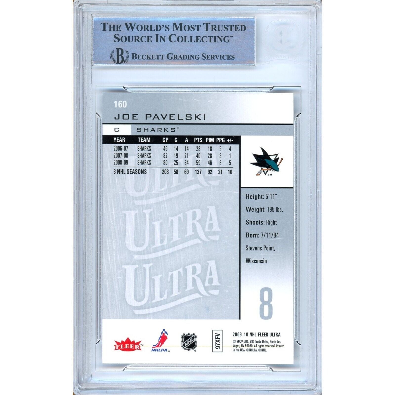 Hockey- Autographed- Joe Pavelski San Jose Sharks Signed 2009-10 Fleer Ultra Hockey Card Beckett Authentic Auto Slab Back