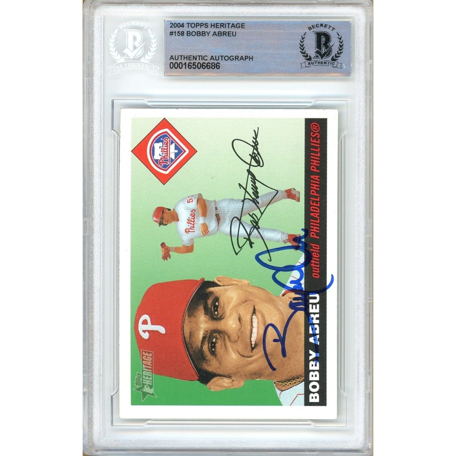 Baseballs- Autographed- Bobby Abreu Philadelphia Phillies Signed 2004 Topps Heritage Baseball Card Beckett Authenticated Auto Slab Front