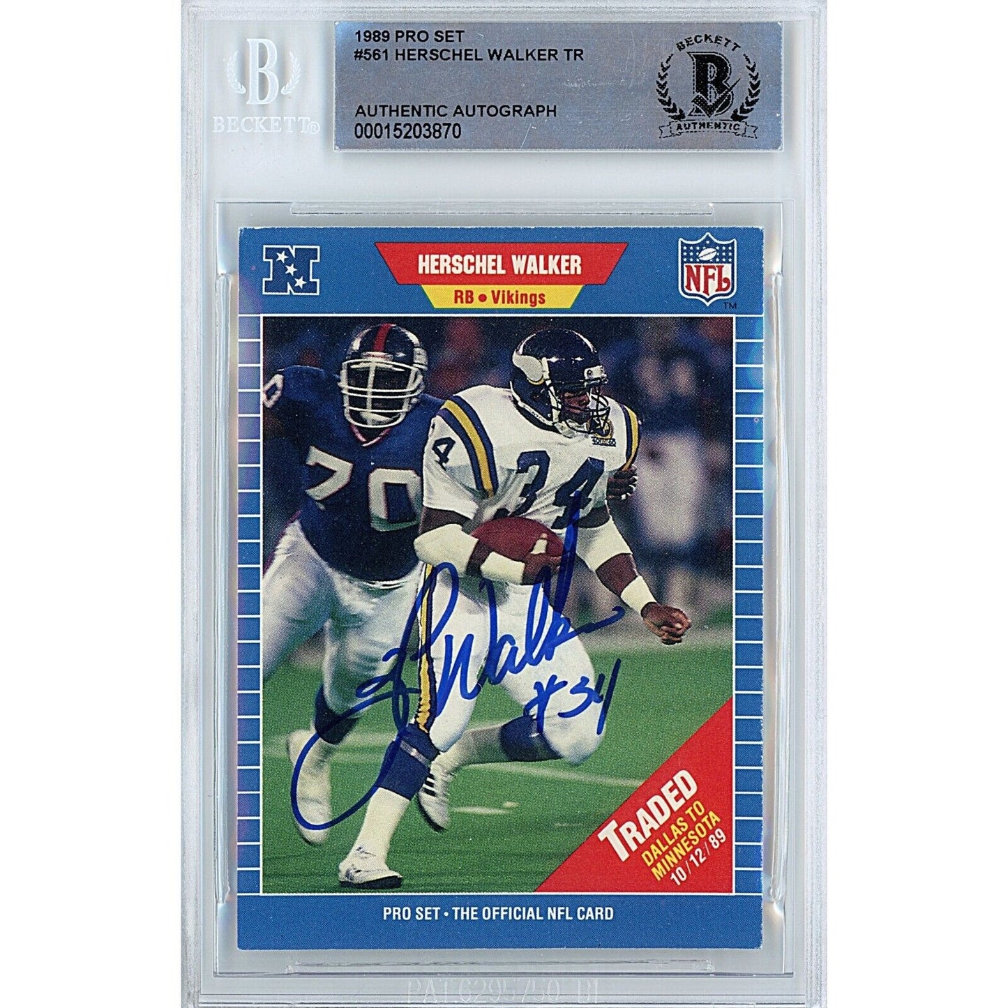 Footballs- Autographed- Herschel Walker Minnesota Vikings Signed 1989 NFL Pro Set Football Card Beckett Authentic Auto Slab Front