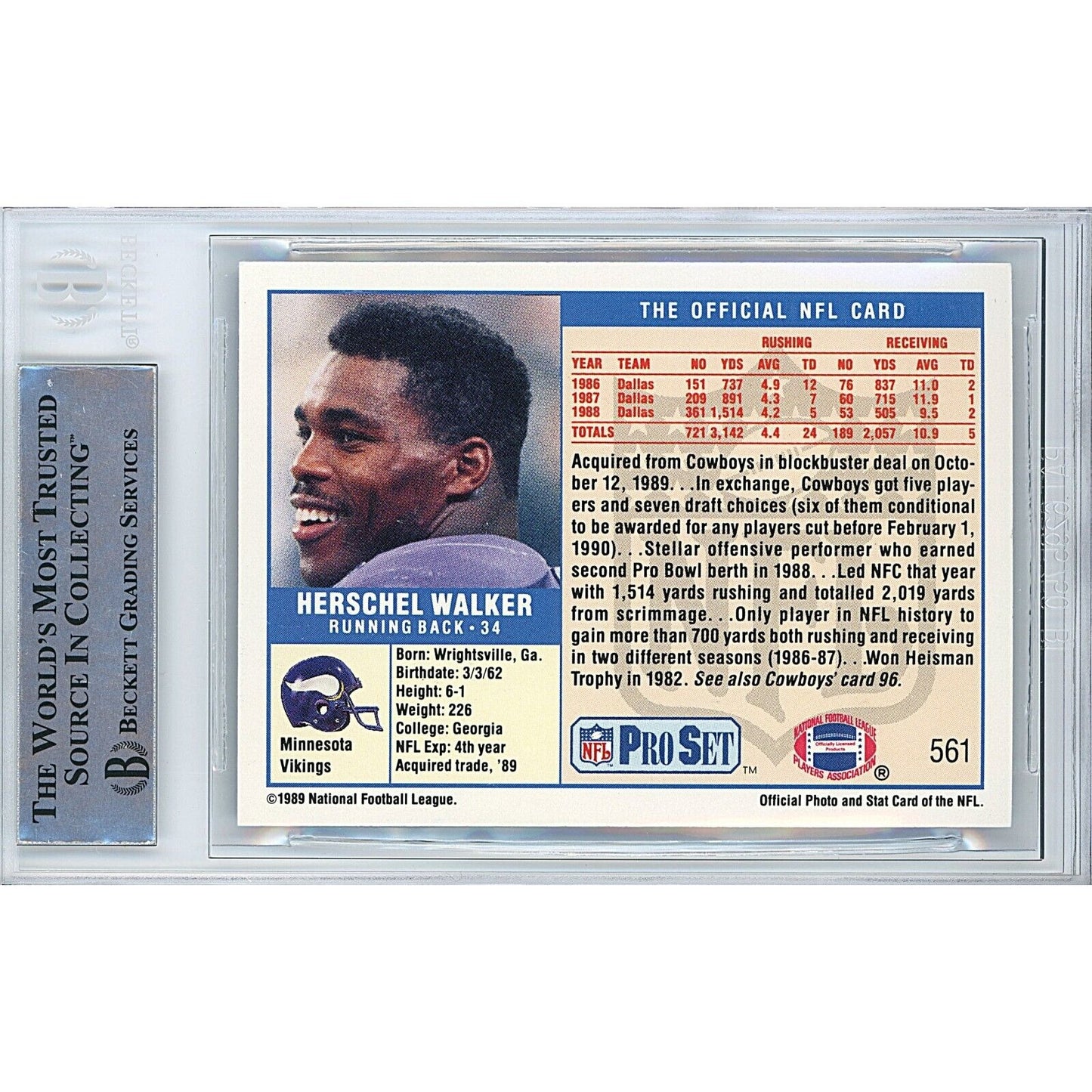 Footballs- Autographed- Herschel Walker Minnesota Vikings Signed 1989 NFL Pro Set Football Card Beckett Authentic Auto Slab Back