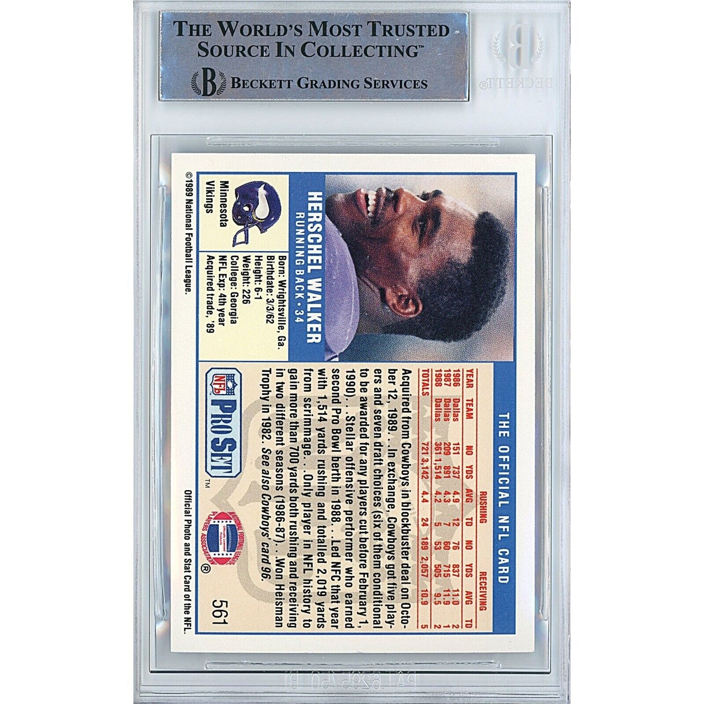 Footballs- Autographed- Herschel Walker Minnesota Vikings Signed 1989 NFL Pro Set Football Card Beckett Authenticated Auto Slab Back