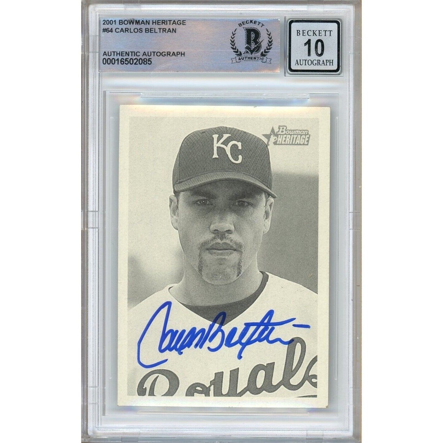 Baseballs- Autographed- Carlos Beltran Kansas City Royals Signed 2001 Bowman Heritage Baseball Card Beckett Authentic BGS Auto-10 Graded Slab Front