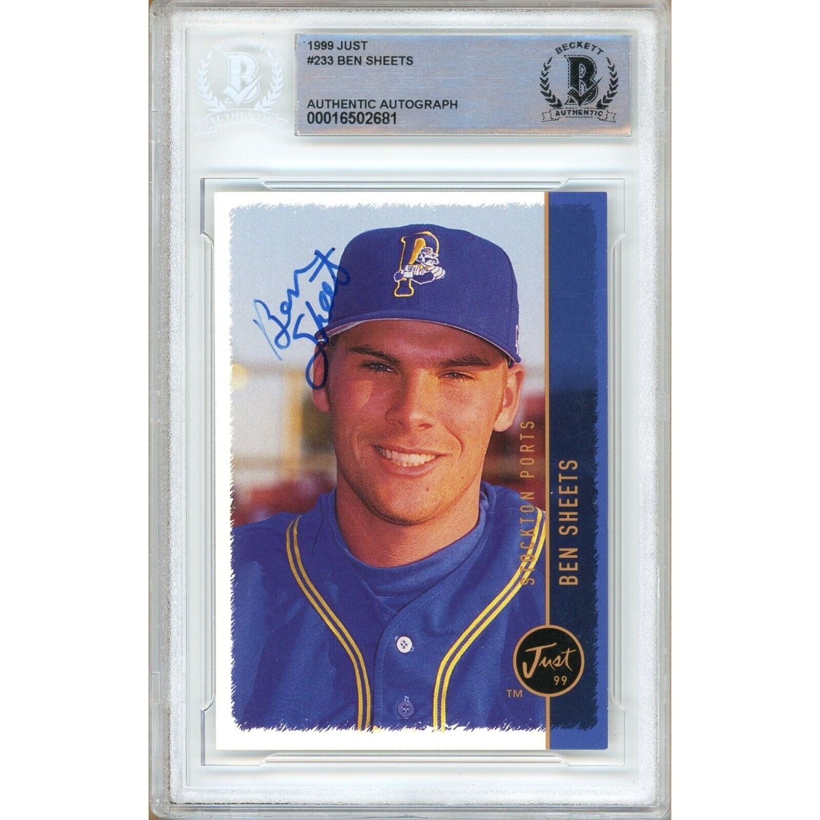 Baseballs- Autographed- Ben Sheets Milwaukee Brewers Signed 1999 Just Minor League Rookie Card Beckett Authentic Auto Slab Front