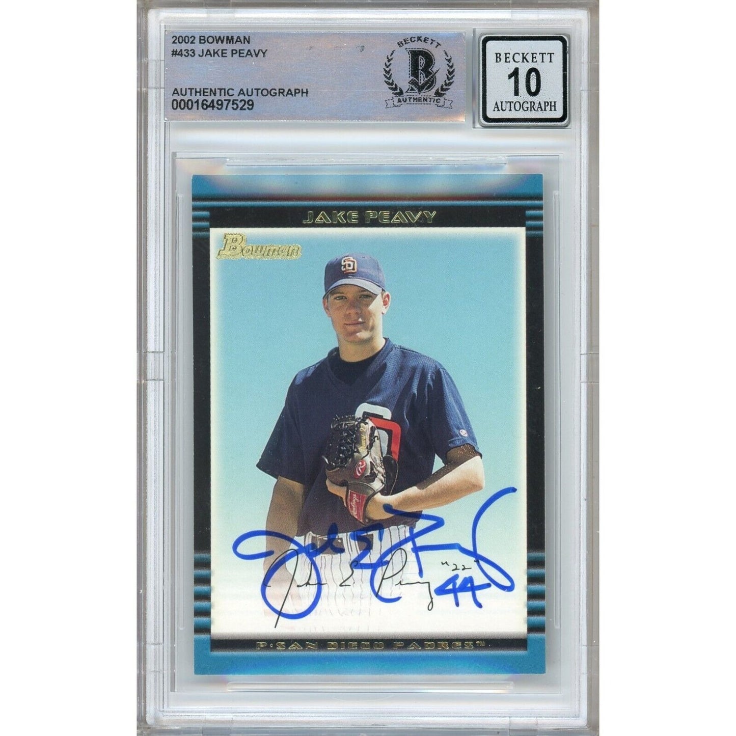 Baseballs- Autographed- Jake Peavy San Diego Padres Signed 2002 Bowman Baseball Card Beckett Authentic BGS Auto-10 Graded Slab Front