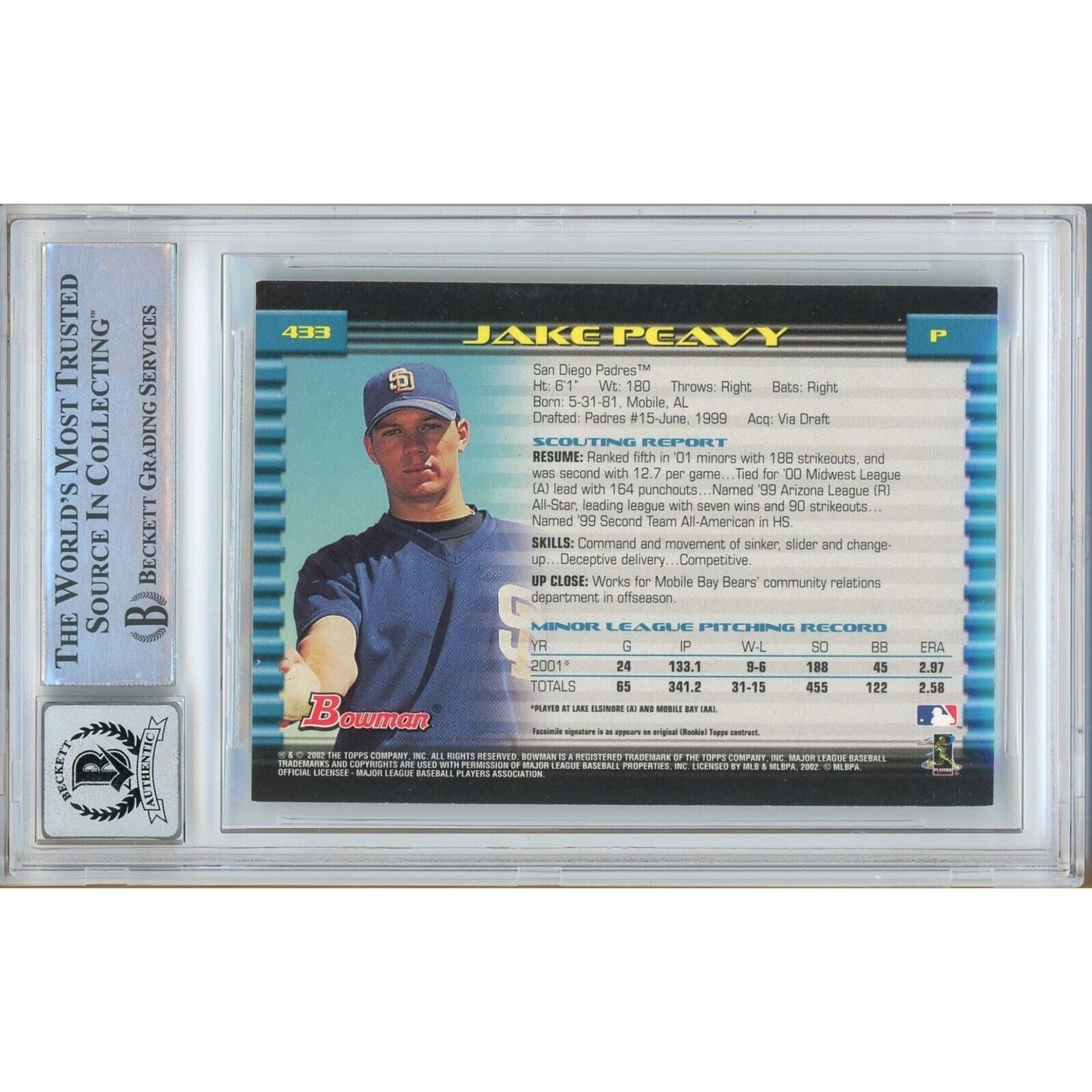 Baseballs- Autographed- Jake Peavy San Diego Padres Signed 2002 Bowman Baseball Card Beckett Authentic BGS Auto-10 Graded Slab Back