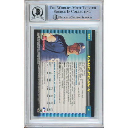 Baseballs- Autographed- Jake Peavy San Diego Padres Signed 2002 Bowman Baseball Card Beckett Authenticated BGS Auto-10 Graded Slab Back