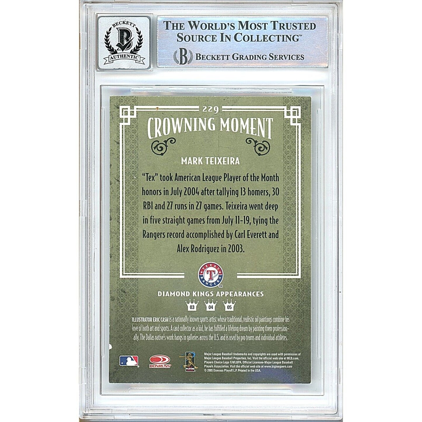 Baseballs- Autographed- Mark Teixeira Texas Rangers Signed 2005 Donruss DIamond Kings Baseball Card Beckett Authentic BGS Auto-10 Graded Slab Back