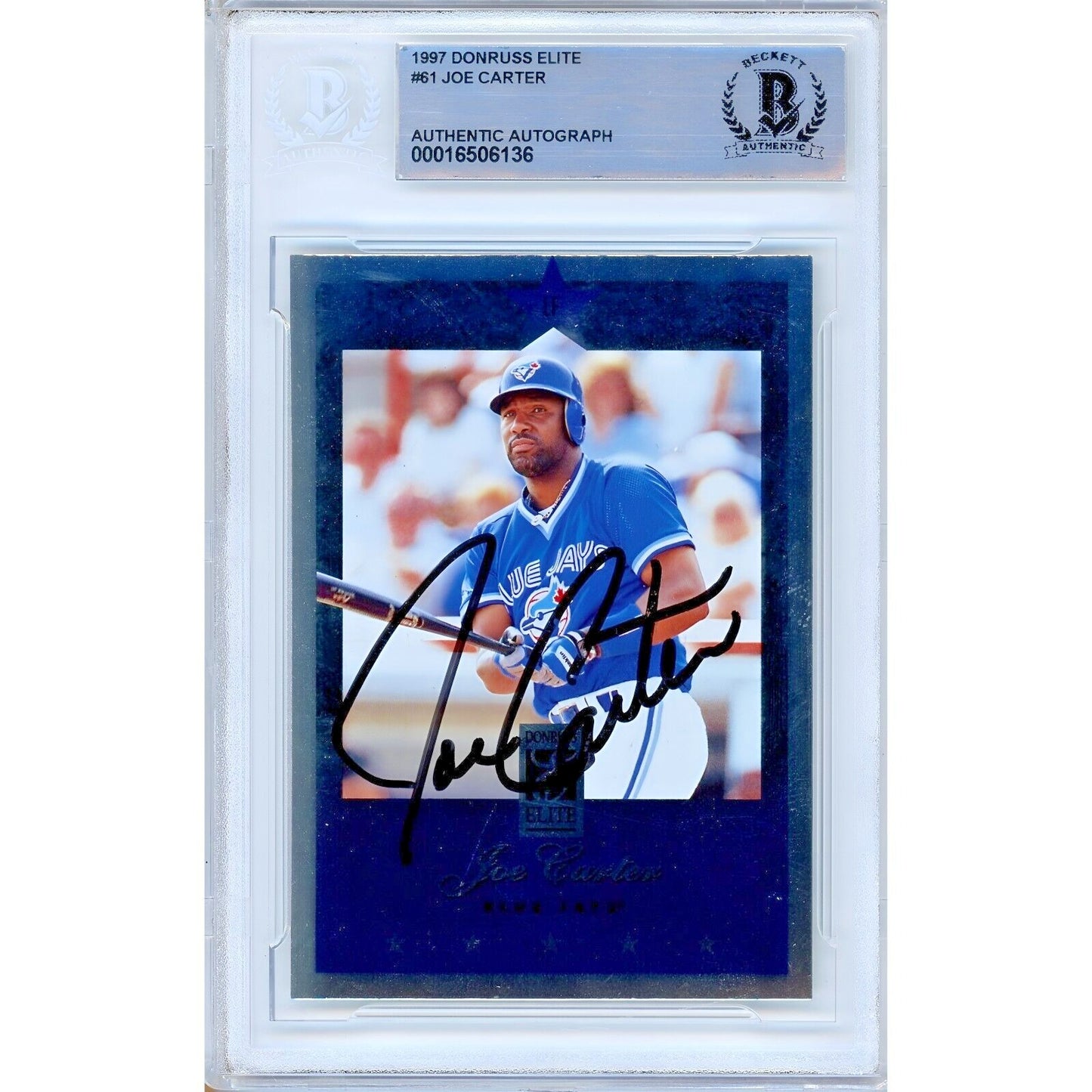 Baseballs- Autographed- Joe Carter Toronto Blue Jays Signed 1997 Donruss Elite Baseball Card Beckett Authentic Auto Slab Front