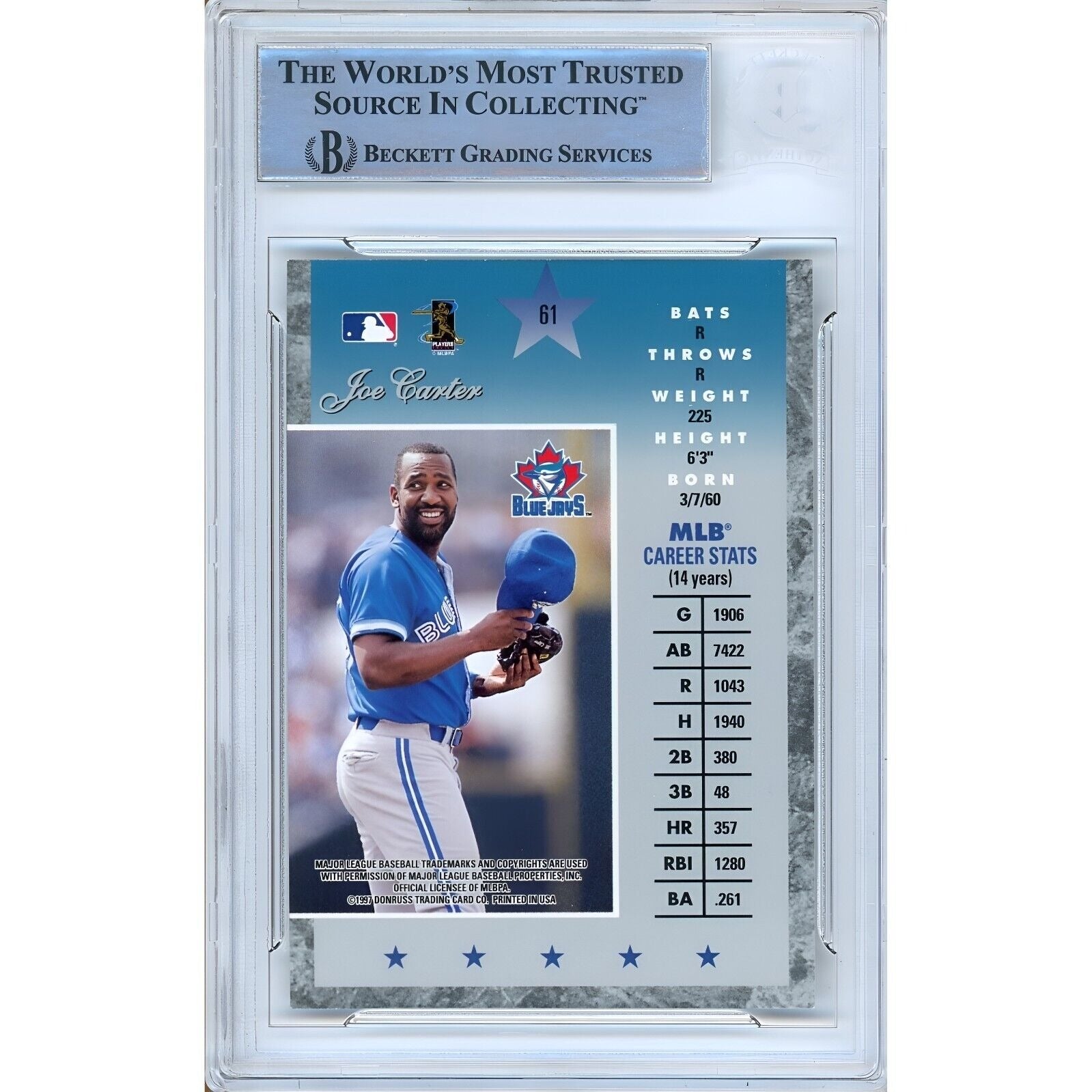 Joe Carter Toronto Blue Jays signed trading card – signature close-up – Beckett COA