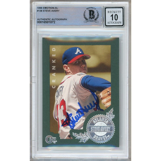 Baseballs- Autographed- Steve Avery Atlanta Braves Signed 1996 Skybox Emotion-XL Trading Card Beckett Authentic BGS Auto-10 Graded Slab Front