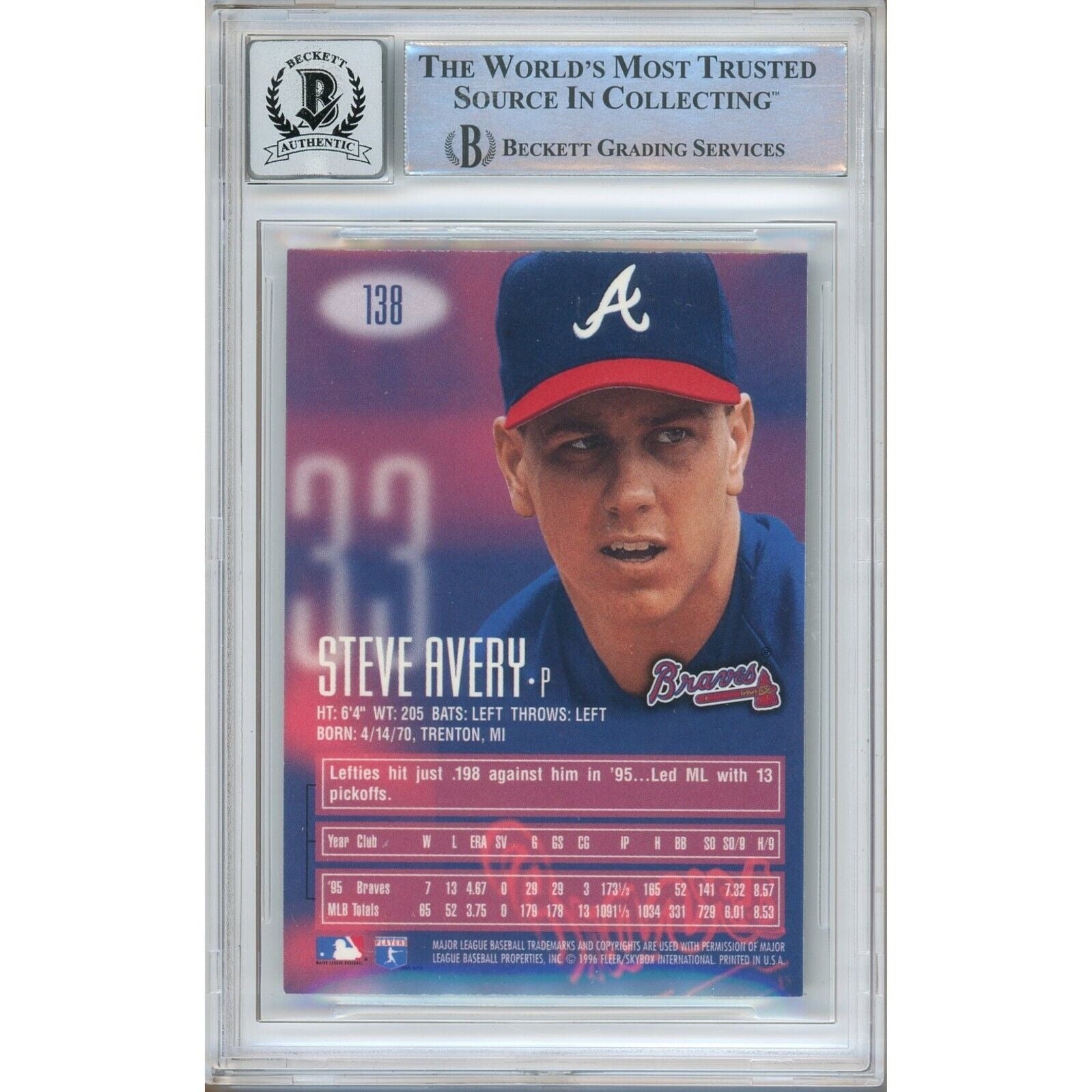 Steve Avery Atlanta Braves signed trading card – signature close-up – Beckett COA
