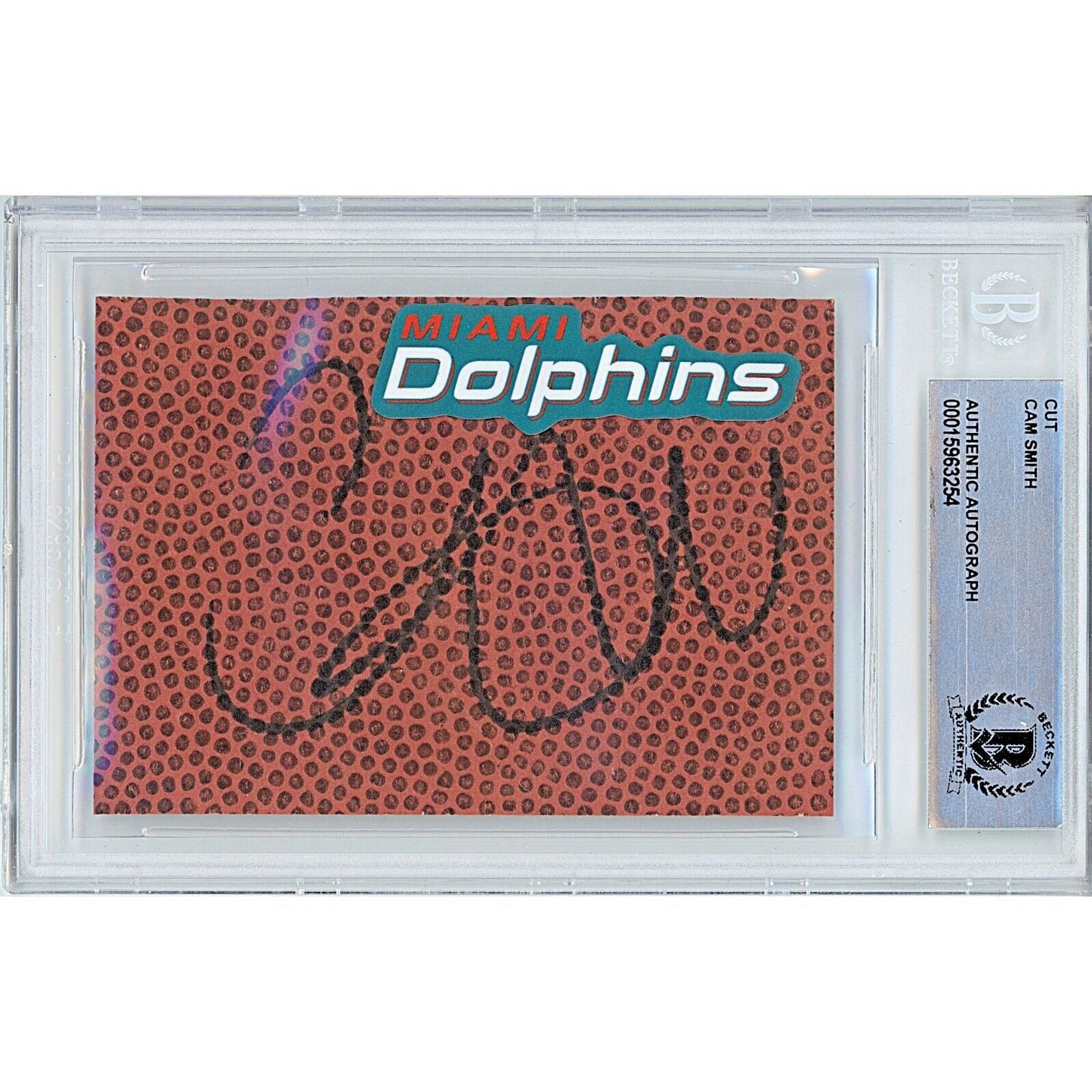 Footballs- Autographed- Cam Smith Miami Dolphins Signed Football Cut Beckett Authentic Auto Slab Front