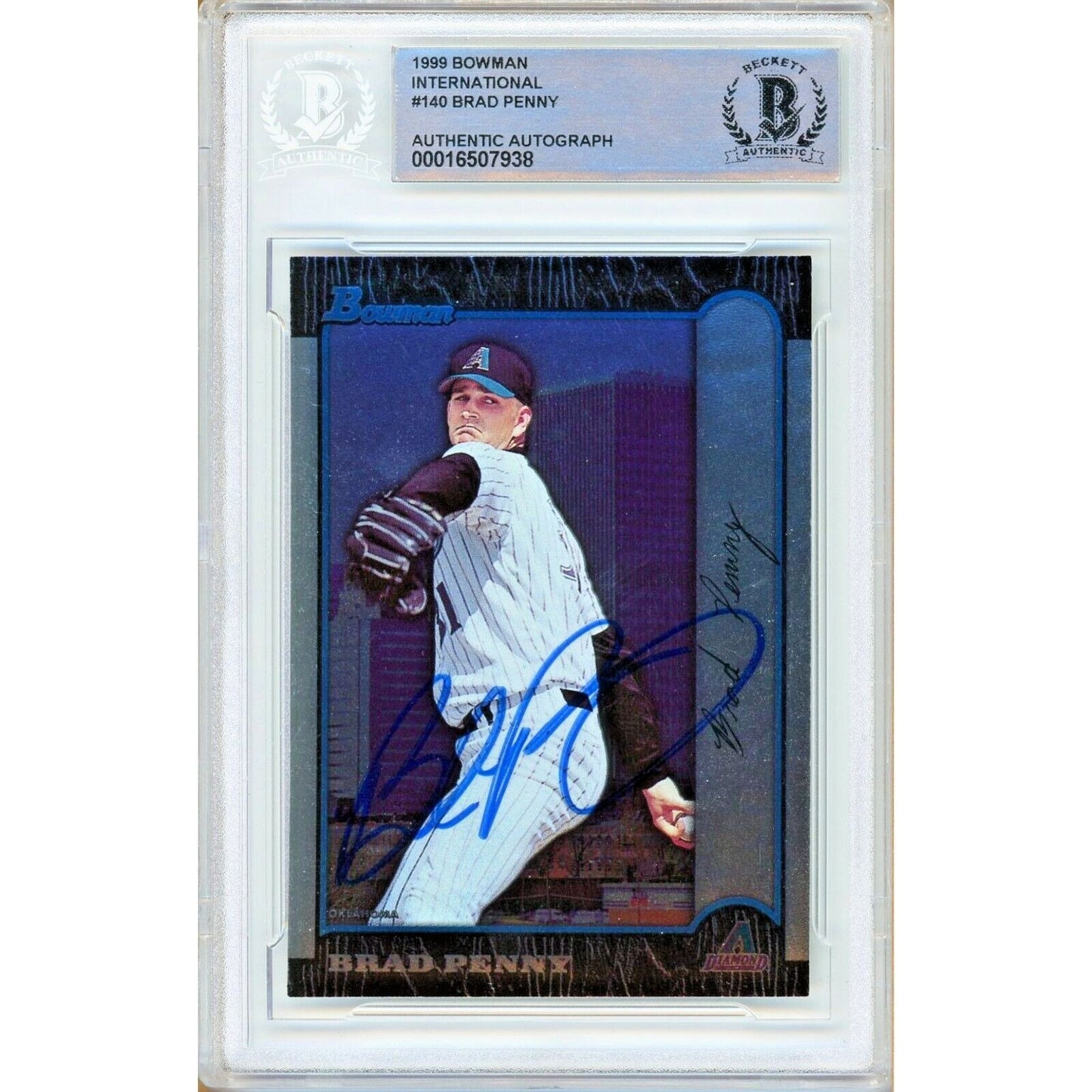 Baseballs- Autographed- Brad Penny Arizona Diamondbacks Signed 1999 Bowman International Baseball Card Beckett Authentic Auto Slab Front