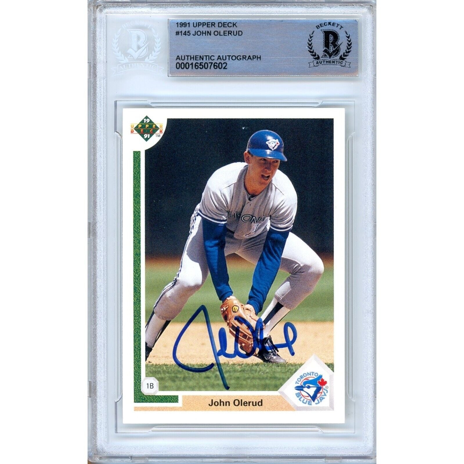 Baseballs- Autographed- John Olerud Toronto Blue Jays Signed 1992 Upper Deck Baseball Card Beckett Authentic Auto Slab Front