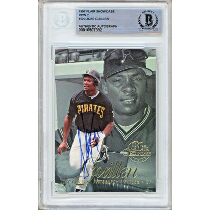 Baseballs- Autographed- Jose Guillen Pittsburgh Pirates Signed 1997 Flair Showcase Row 2 Rookie Baseball Card Beckett Authentic Auto Slab Front